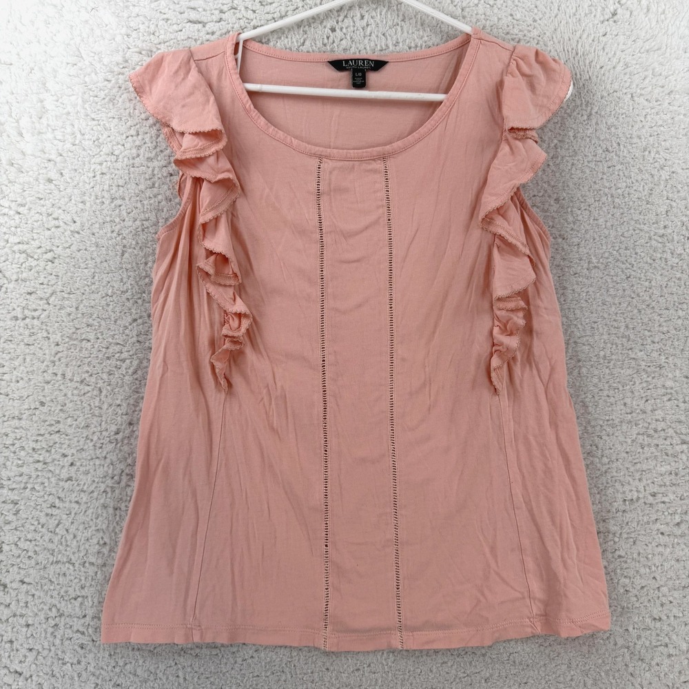 Lauren Ralph Lauren Blouse Womens Large Pink Ruffle Scoop Neck Sleeveless Top